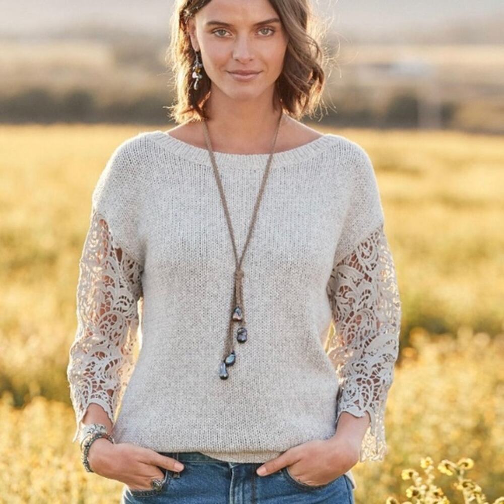 Sundance Cream Beige Lace Delight Lightweight Pullover Sweater Womens Size Small